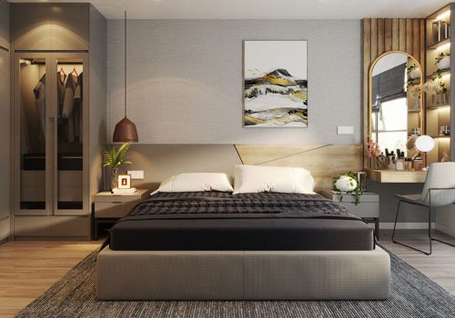 Nội thất phòng ngủ căn hộ nhỏ được thiết kế theo phong cách hiện đại, sang trọng.
