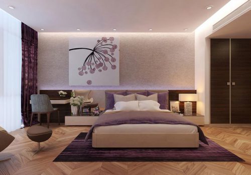 Mẫu thiết kế nội thất phòng ngủ rộng rãi dành cho cô con gái lớn với tông màu tím oải hương nhẹ nhàng, lãng mạn.
