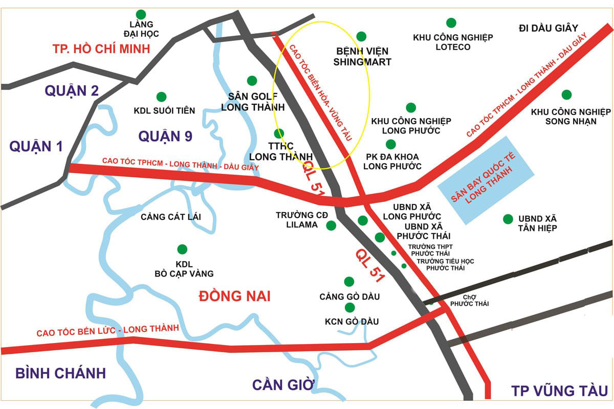 Đường cao tốc Biên Hòa - Vũng Tàu có hướng tuyến cắt ngang đường cao tốc TP.HCM - Long Thành - Dầu Giây và đường cao tốc Bến Lức - Long Thành
