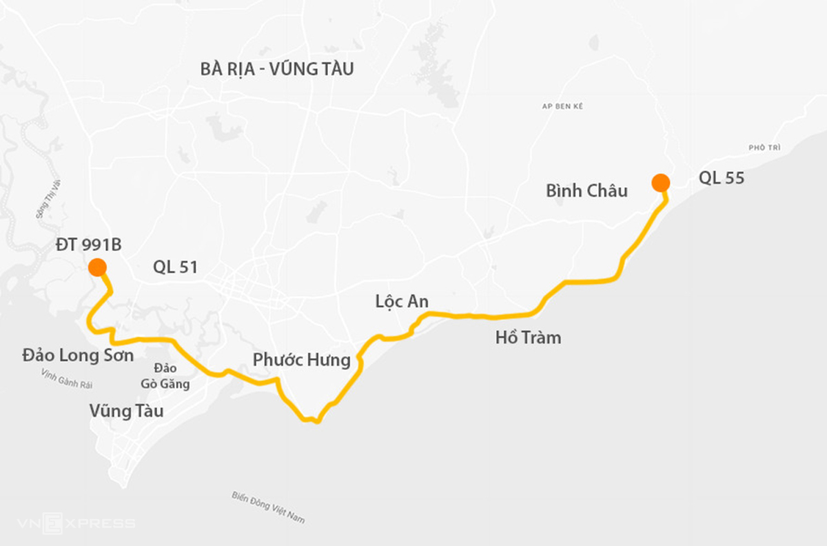 Điểm đầu dự án giao đường 991B ở thị xã Phú Mỹ, điểm cuối giao quốc lộ 55 tại xã Bình Châu, huyện Xuyên Mộc. Đồ hoạ: Hoàng Thanh